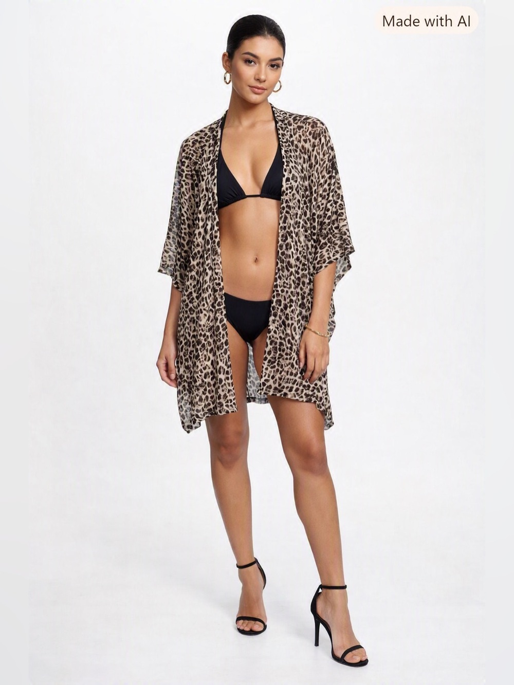 Texas True Threads Leopard Print Swim Cover-Up Kimono - Beige Black XL